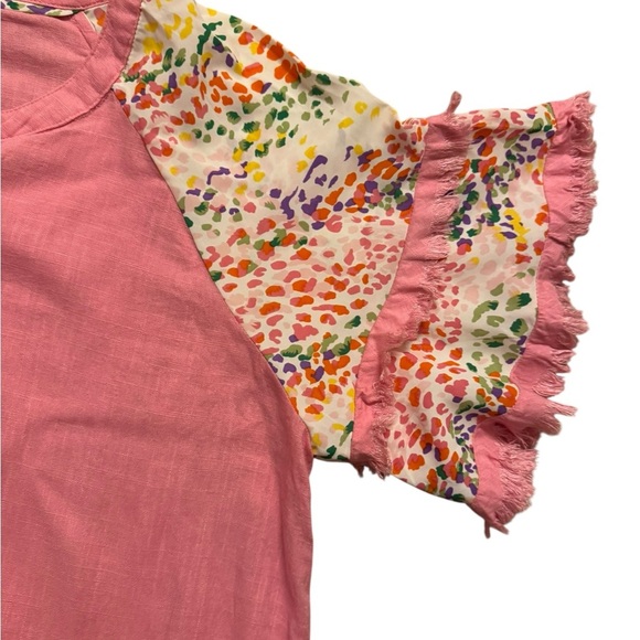 Umgee Blouse Womens 1XL Short Sleeve Pink Frayed Ruffled Cheetah Top Boho.   C42 - Picture 4 of 13